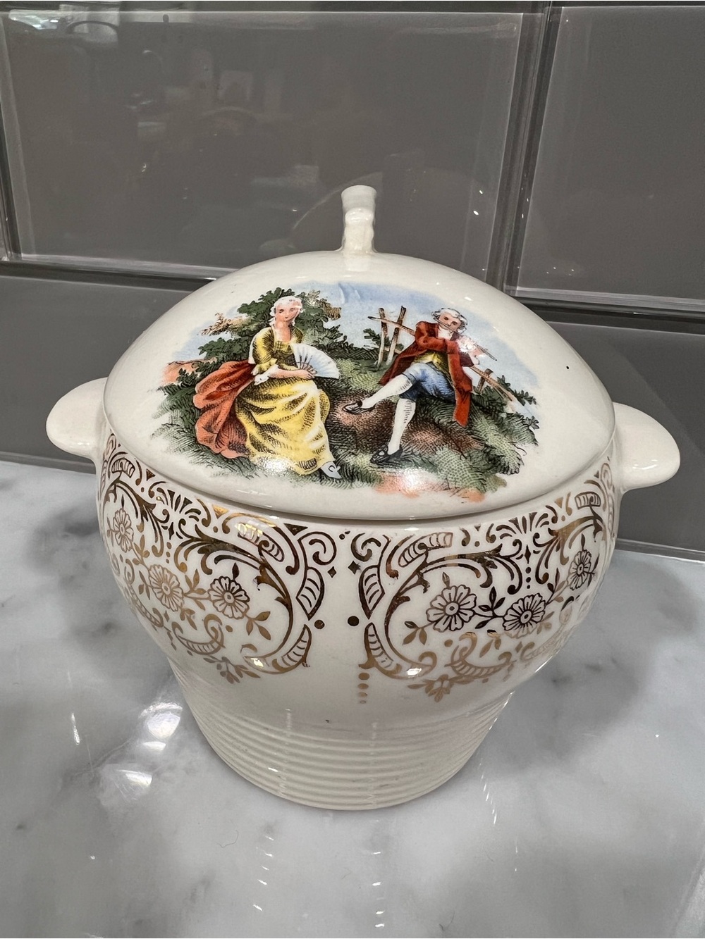 Vintage Lidded Sugar Bowl with Gold Accents and Pastoral Scene